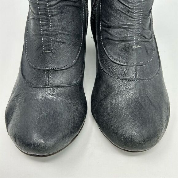 Women's Blue Gray Leather Heeled Ankle Boots Size 38 Bow Detail Ruched - Picture 5 of 14